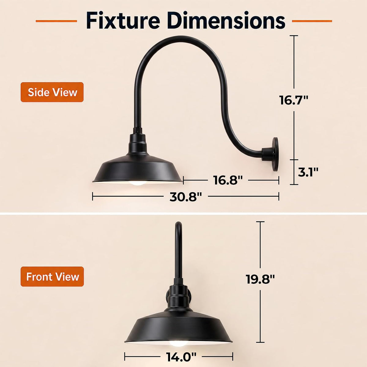 14in. satin black outdoor gooseneck barn light fixture, side view