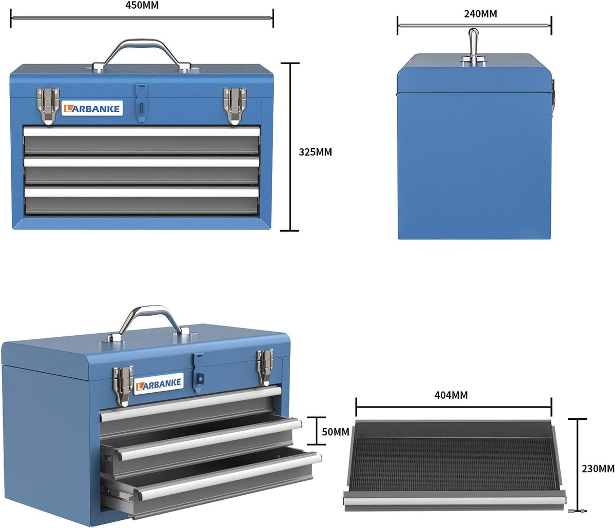 larbanke metal tool box,3 drawer tool box with, close-up detail