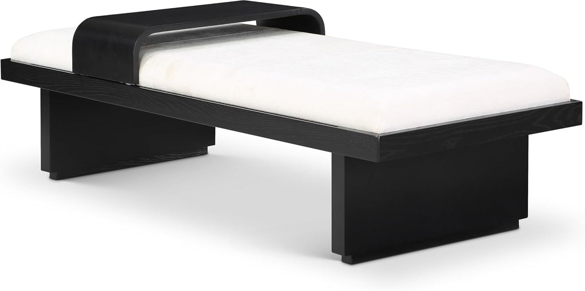 Meridian Furniture 22014Cream Arlington Collection Mid-Century Modern Bench with Soft Cream Chenille Fabric, Rich Black Finish, Solid Wood, Sliding Wooden Tray, 65" W x 26" D x 19.5" H, Cream