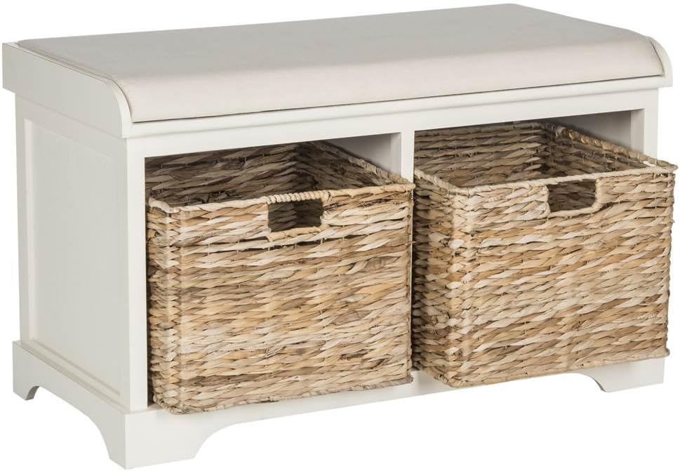 SAFAVIEH Freddy Wood Storage Bench, 33" Farmhouse Vintage White AMH5736D
