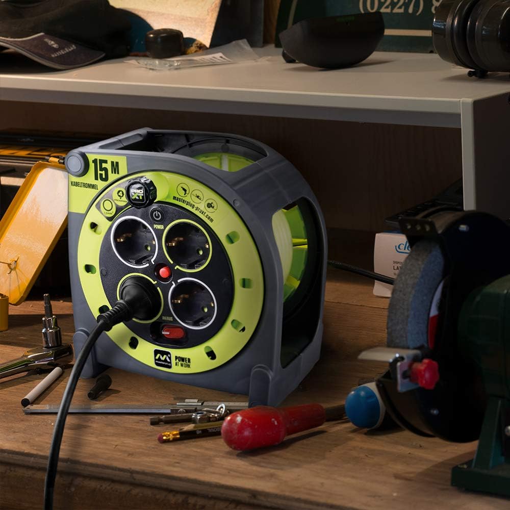 Masterplug Pro-XT Cable Reel 15 m, Extension 4 Schuko Eschufes, Electric Extension 3000 W Grey/Green