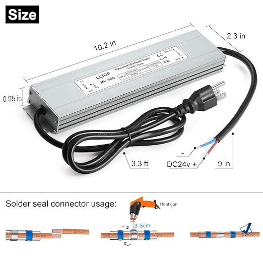 LLTOP LED Driver 150 Watts 100-264V AC to 24V DC 6.25A Power Supply Waterproof