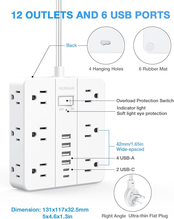 Extension Cord 25 Ft, HUNIAN Flat Plug Power Strip Surge Protector, 12 Widely