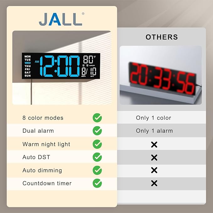 JALL 16" Large Digital Wall Mount Clock, Count Down Timer, Big LED, RGB Color