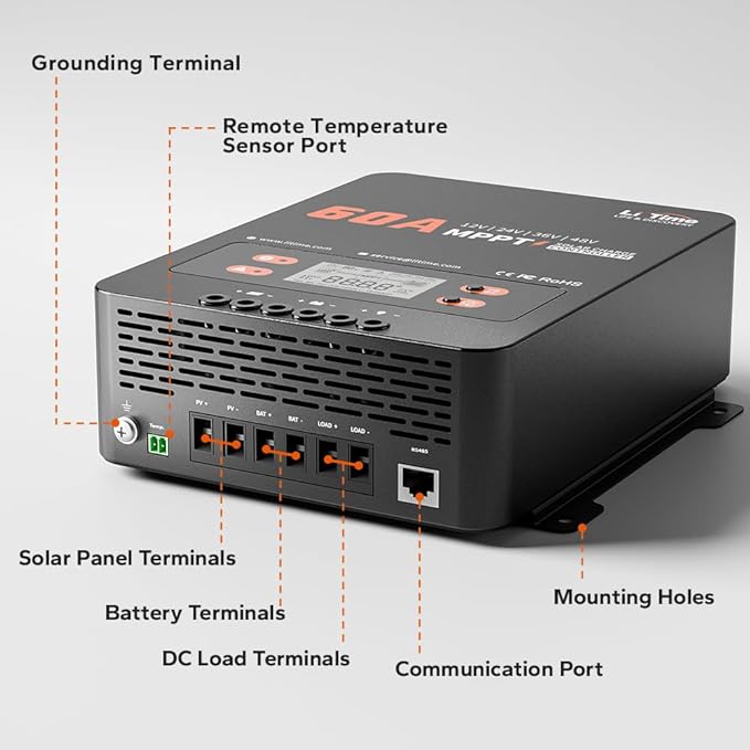 LiTime 60A MPPT Solar Charge Controller, 12V/24V/36V/48V Auto, Max PV Input