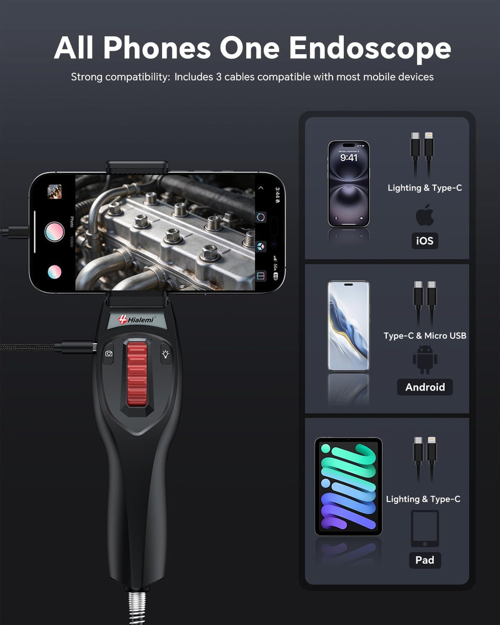 2-way articulating borescope, phone endoscope camera with light, side view