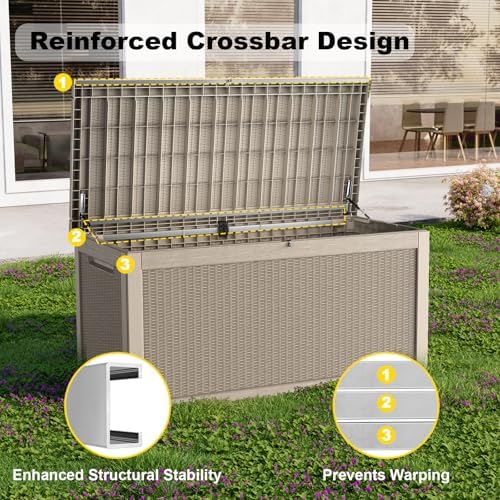 ROJIK 320 Gallon Waterproof Outdoor Deck Storage Box, Lockable Resin Patio Storage Bin with Lid for Garden Tools, Patio Cushions & Outdoor Accessories(Grey)