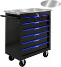 6-Drawer Rolling Tool Chest with Stainless Steel Countertop,Tool Chest with Secure Locking System,Mobile Storage Tool Cabinet with 360°Wheels and Padded Feet,for Home,Garage (Black+Blue)
