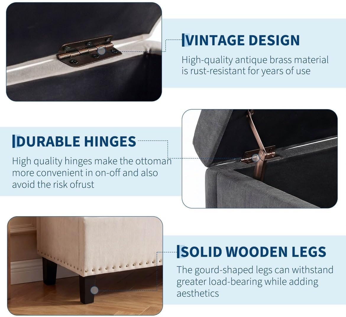 51" extra large storage ottoman bench, supports 660lbs, side view