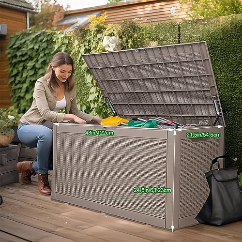 100 Gallon Outdoor Storage Box - Resin Deck Box for Waterproof Patio Furniture and Storage Bench - Lockable and UV-resistant for Pool and Outdoor (Grey)