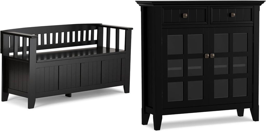 SIMPLIHOME Acadian 2-Seater Storage Bench and Cabinet Set in Black