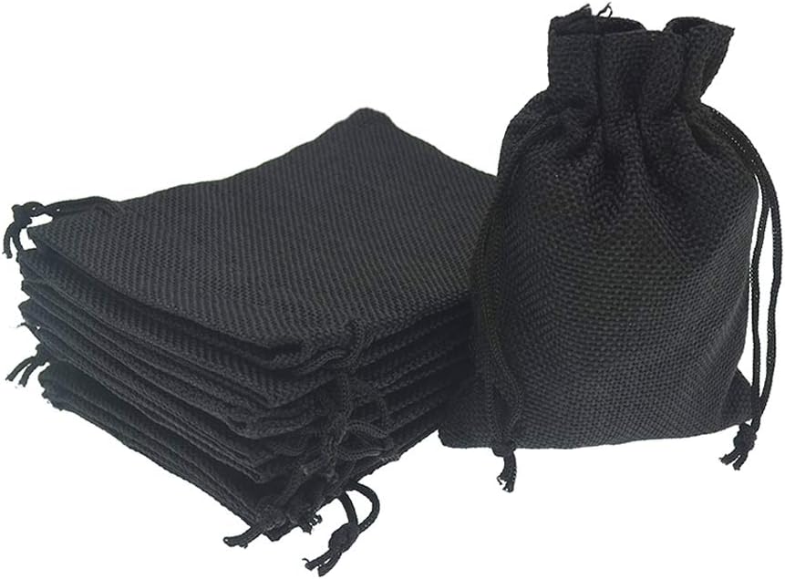 50Pcs Black Burlap Bags with Drawstring, 5.9x7.5 inch Jute Favor Sacks Linen Treat Bags for Halloween, Wedding, Party, Memorial Day, DIY Craft