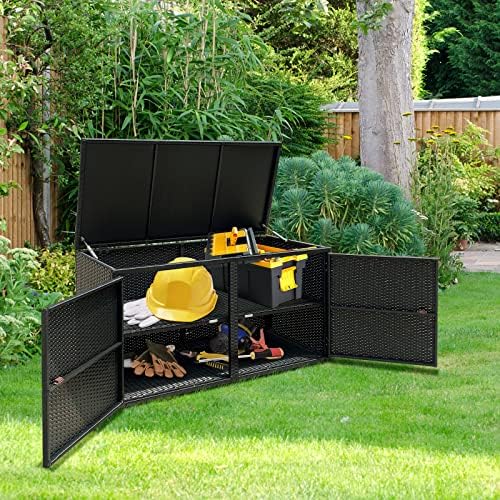HAPPYGRILL Deck Box Outdoor Wicker Storage Box Cabinet, 88 Gallon Patio Rattan Storage Container Bin Box for Furniture Tools in Garden Balcony Porch Yard