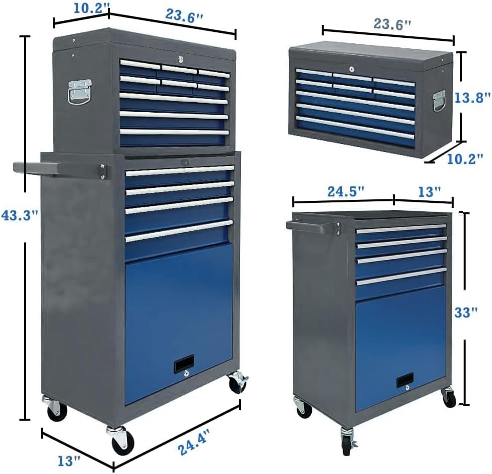 13-drawer tool chest, rolling tool box with wheels, close-up detail