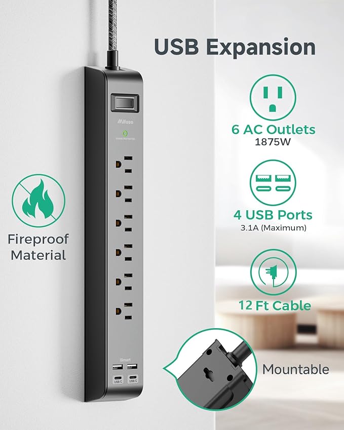 12FT Long Power Strip Surge Protector - (2 Pack)