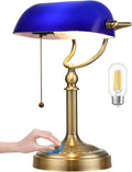 Newrays Blue Glass Bankers Desk Lamp, Stepless Dimmable Table Lamp Plug in