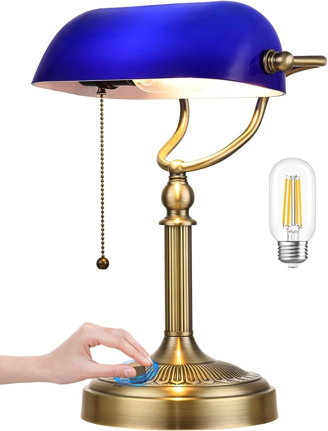 Newrays Blue Glass Bankers Desk Lamp, Stepless Dimmable Table Lamp Plug in