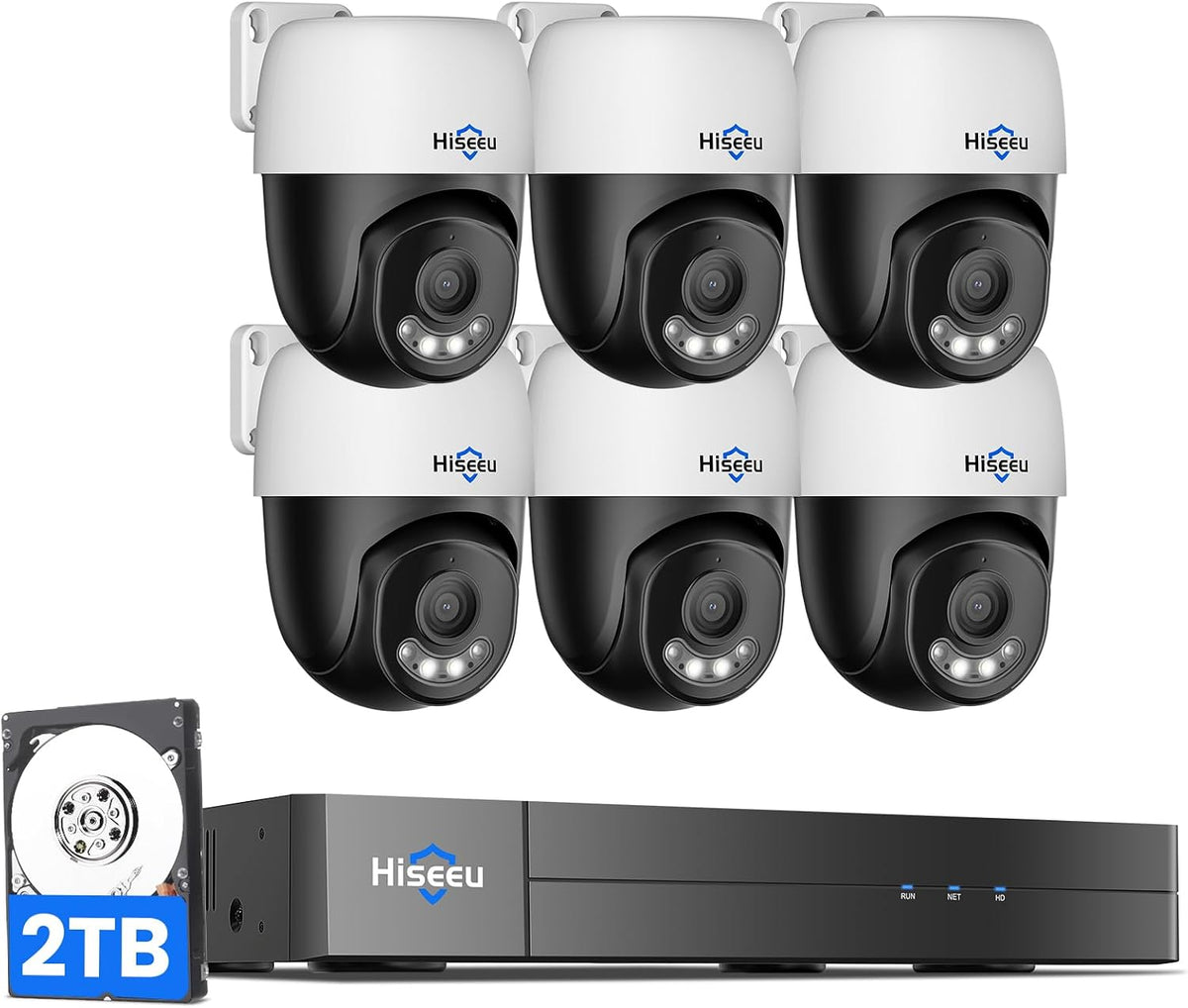 【360°View】 Hiseeu 4K PoE PTZ Security Camera System，6 Pcs Security Cameras