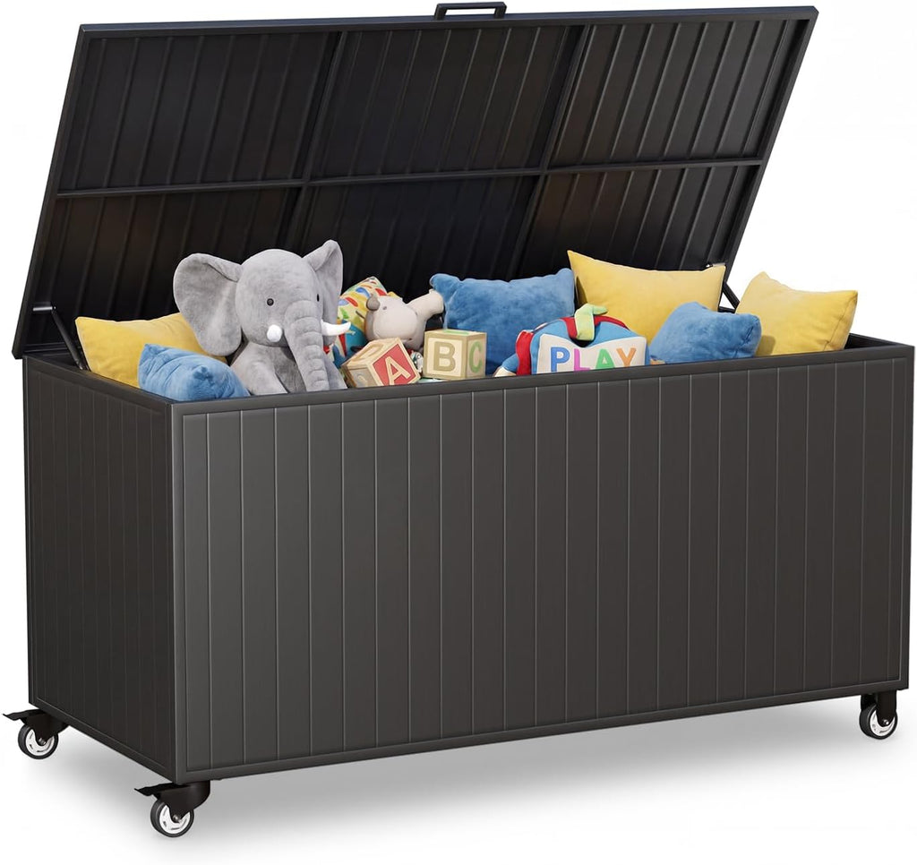 250 Gallon Metal Large Outdoor Deck Box with 4 Wheels, Black