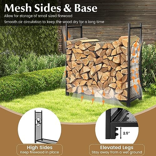 Goplus Firewood Rack Outdoor, 4 FT Metal Firewood Holder with Mesh Sides & Base, Decorative Deer Patterns, Indoor Log Storage Rack, Wood Rack for Fireplace, Fire Pit, Woodstove (48" x 15" x 46")