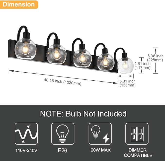 WINSHEN Bathroom Light Fixtures 5-Lights Matte Black Farmhouse Vanity Lighting