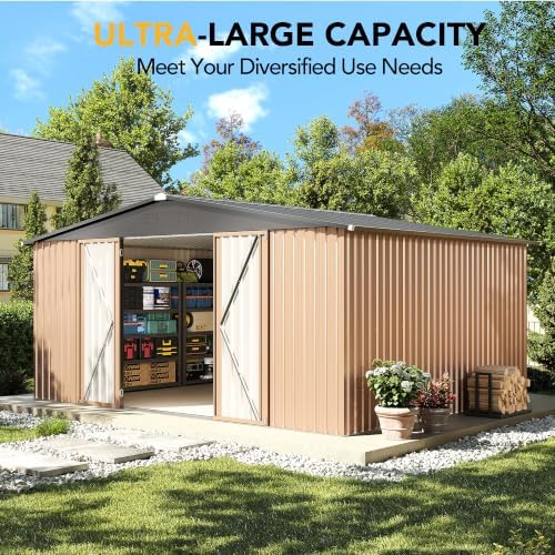 14x12FT Outdoor Storage Shed, Tool Shed with Sloping Roof and Lockable Door, Galvanized Metal Shed for Backyard Garden Patio Lawn, Brown