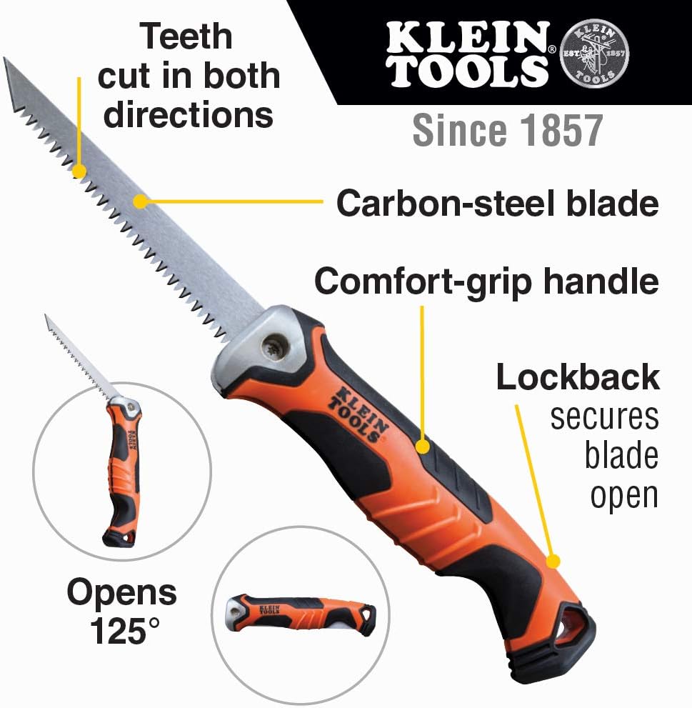Klein Tools Folding Jab Saw & Cut Resistant Work Gloves Bundle - 31737 Carbon Steel Saw with Lockback & 60581 Nitrile Coated Nylon-Spandex Gloves, Large