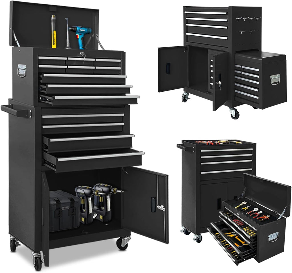 13-Drawer Rolling Tool Chest, 2 in 1 Detachable Metal Tool Cabinet with Lock & Wheels, Heavy-Duty Tool Storage Organizer for Garage, Workshop, Auto Repair & Home-Black