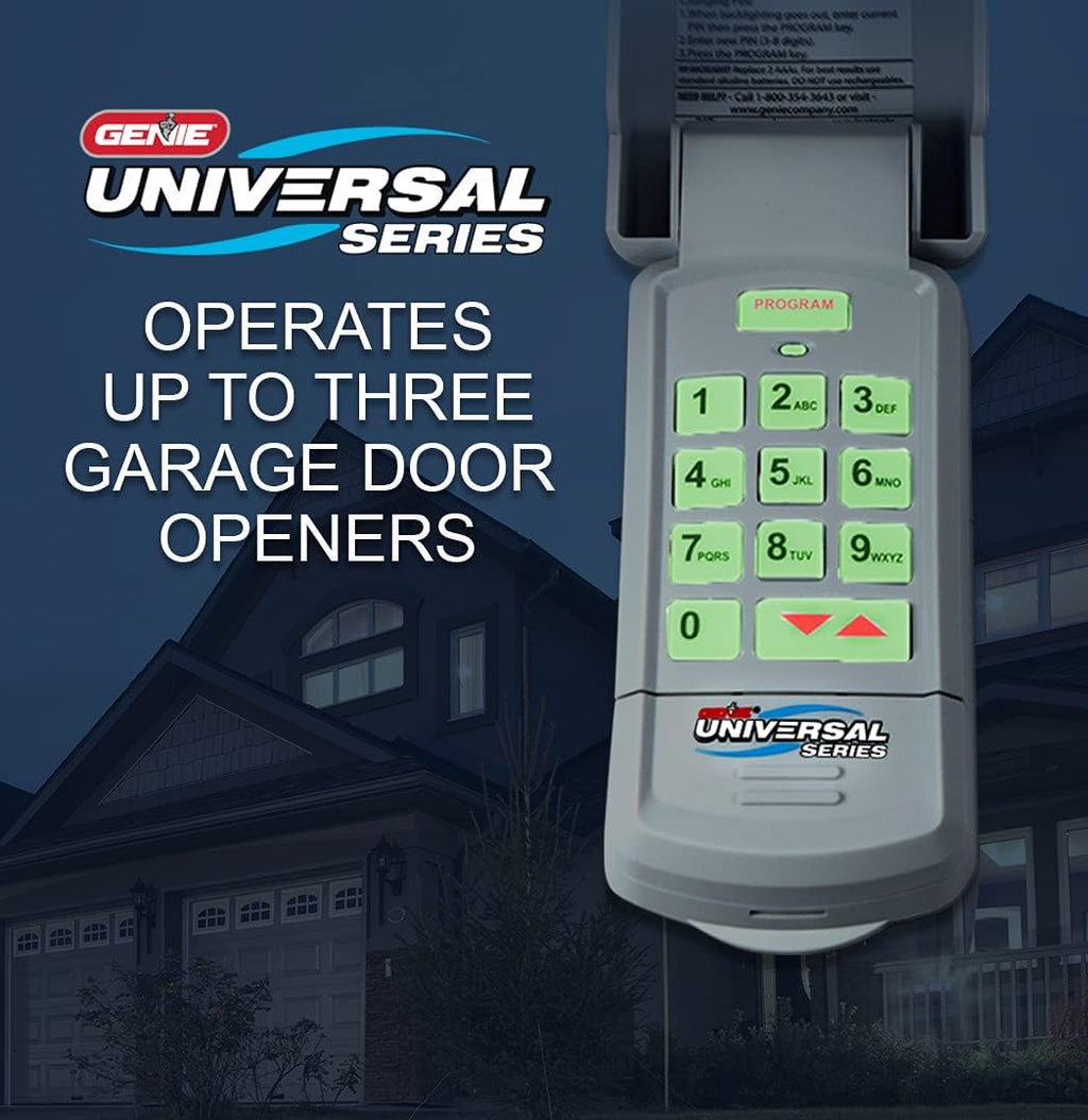 genie 3-button garage door opener remotes (2 pack) on a desk or shelf