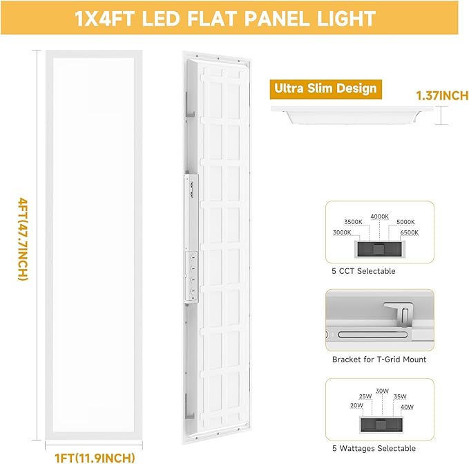 2 Pack 1x4 LED Flat Panel Light Drop Ceiling Office Fixture, Surface Mount Drop