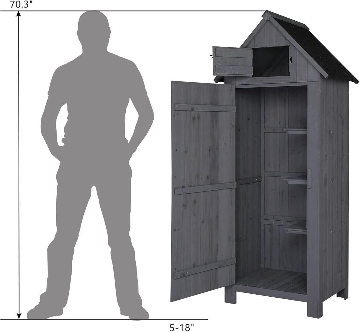 outvita outdoor storage shed, 70 inch, grey showing dimensions