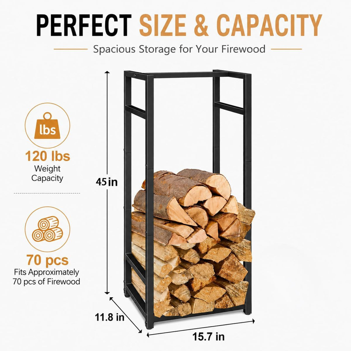 lilybud--lily firewood rack indoor outdoor, 45” tall firewood, side view