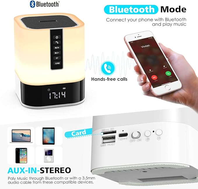 Hetyre Night Light Bluetooth Speaker, 5 in 1 Touch Control Bedside Lamp