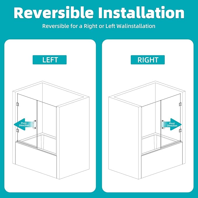 Pivot Swing Bathtub Door, Adjustable Width 60" W x 59" H Semi-Frameless Shower