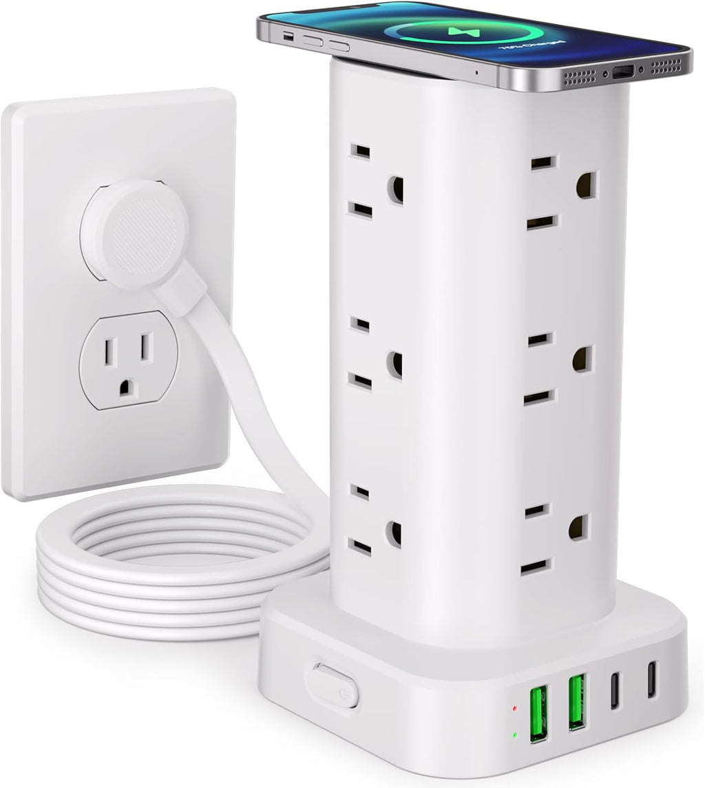 Power Strip Tower with Wireless Charger, Flat Plug Surge Protector Tower with