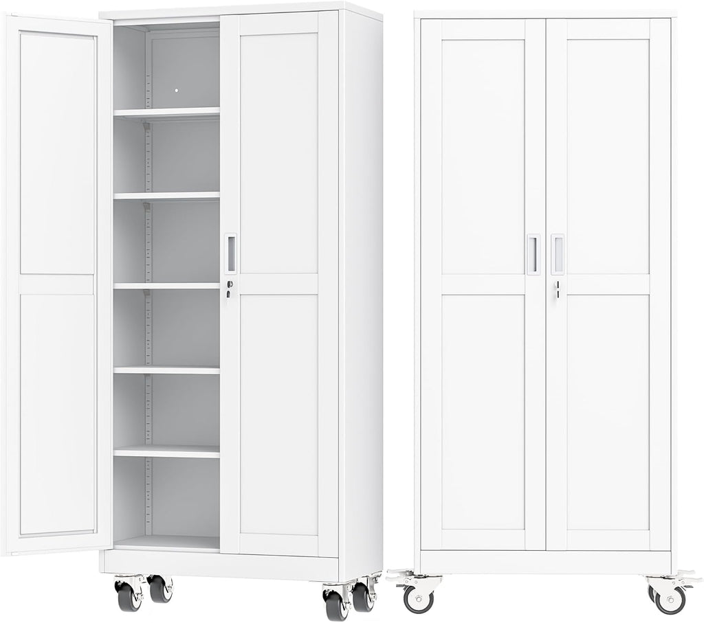 Ckzbx Metal Garage Storage Cabinet with Locking Doors and Adjustable Shelves,75" H Rolling Tool Storaget with Wheels for Garage,Office (White)