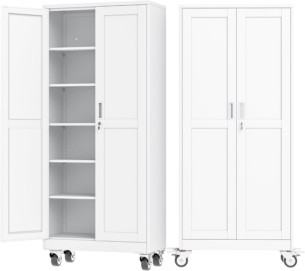 Ckzbx Metal Garage Storage Cabinet with Locking Doors and Adjustable Shelves,75" H Rolling Tool Storaget with Wheels for Garage,Office (White)