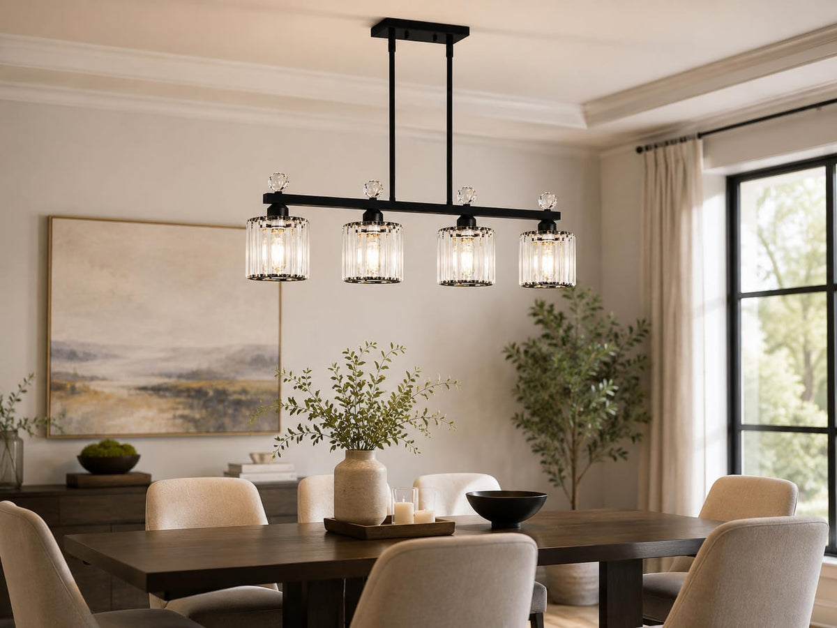 32" Crystal Island Light for Kitchen, 4-Light Black Linear Pendant Light | Linear Chandelier over Kitchen Island, Modern Ceiling Hanging Chandelier for Dining Room. Adjustable Height, E26