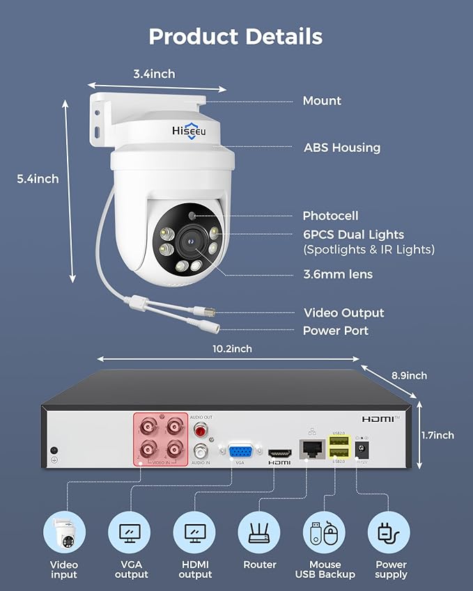 Hiseeu 3K 360°View PTZ Wired Security Camera System (2PCS)