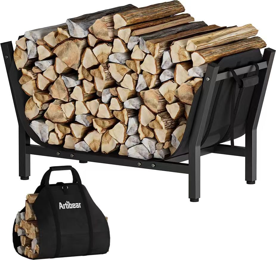 28 Inch Firewood Rack with 900D Canvas Log Carrier Bag, Outdoor Indoor Log Holder for Fireplace, Heavy Duty Fire Wood Log Stand, Wood Pile Stacker Storage Organizer Tool for Patio Deck, Black