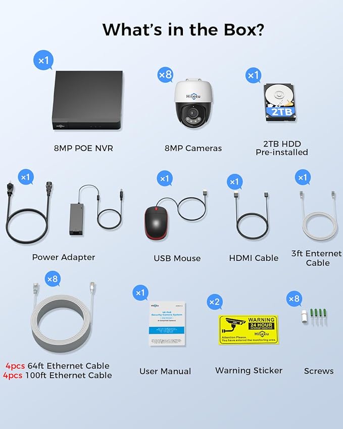 Hiseeu 4K PoE Security Camera System, Human Vehicle Detect, 2-Way Audio (8pcs)