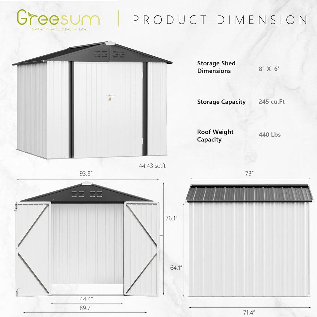 greesum 8x6ft outdoor storage shed utility tool shed, side view