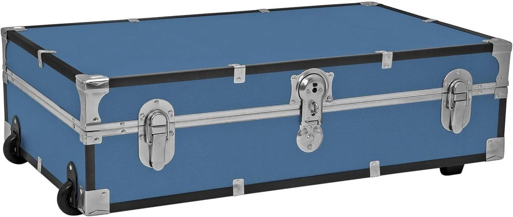 HomeStock Seaside Style Heavy Duty 31" Under Bed College Storage Trunk with Wheels & Lock, Latch Closure Type, 30" L x 8.25" W x 18.25" H, Ideal Camp Dorm Room Trunk Footlocker Misty Blue