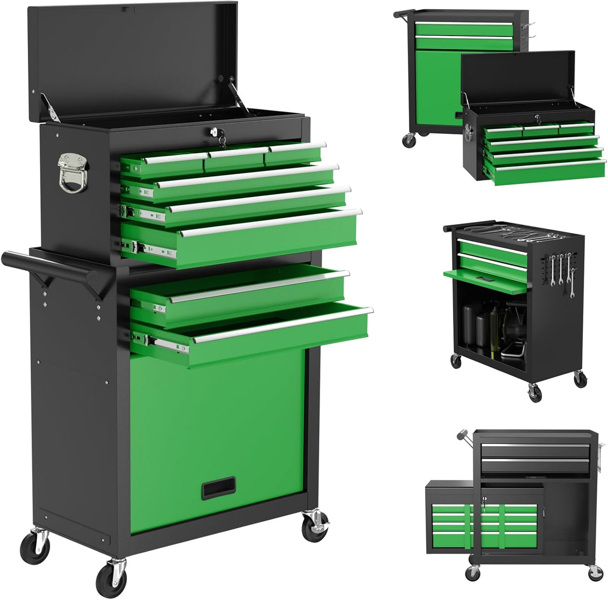 8 Drawers Rolling Tool Chest with Drawers, High Capacity Toolbox on Wheels, Lockable Drawers Tool Box Organization and Storage, Tool Cabinets on Wheels for Garage (BlackGreen, 8 Drawers)