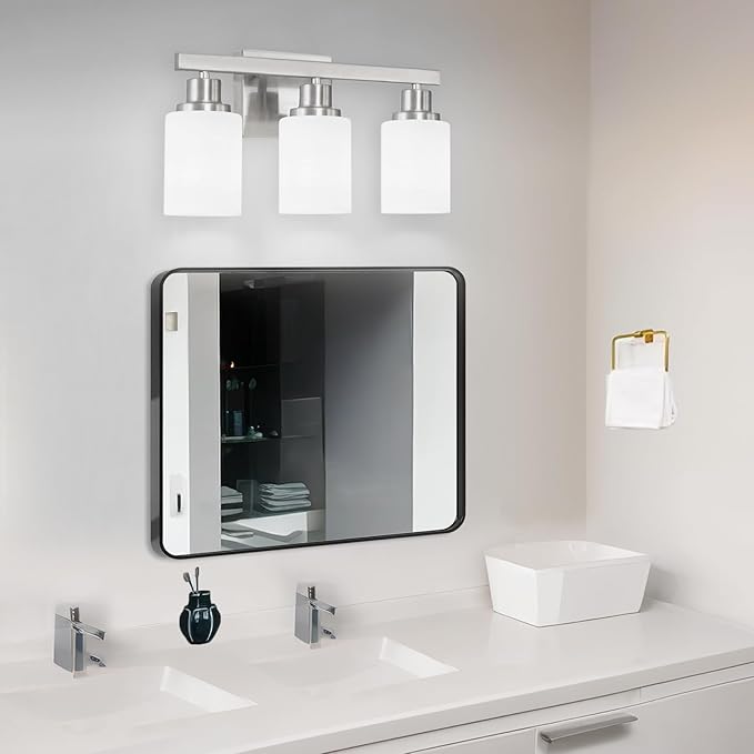 DIKAIDA 3-Light Bathroom Light Fixtures, Nickel Vanity Light, Modern Bathroom