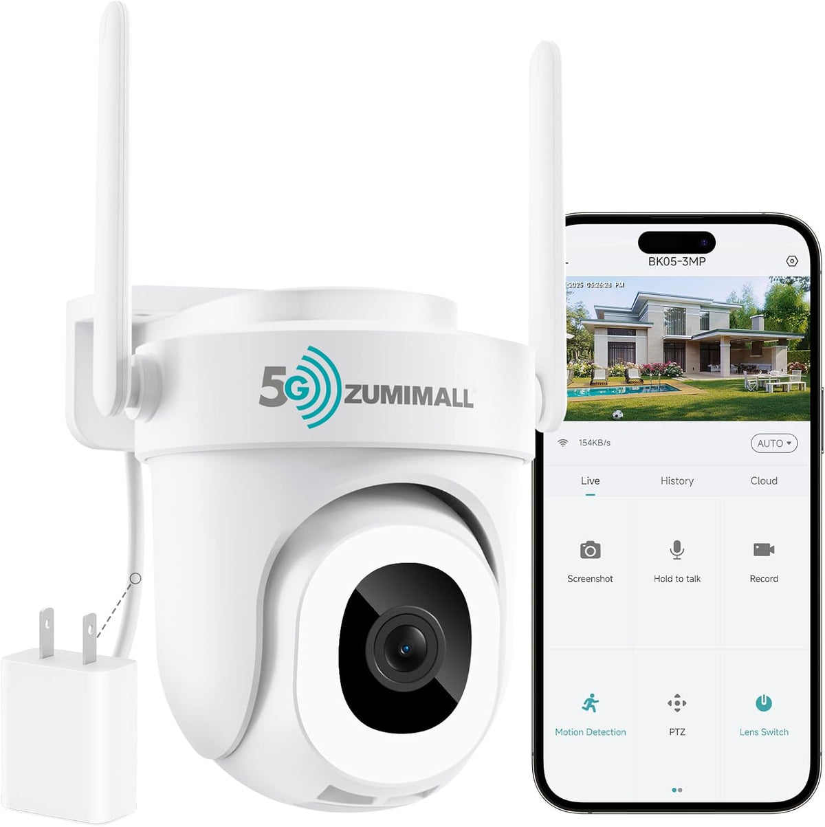 ZUMIMALL 2K WiFi Outdoor Security Camera, Plug-in, 360° PTZ Auto Tracking