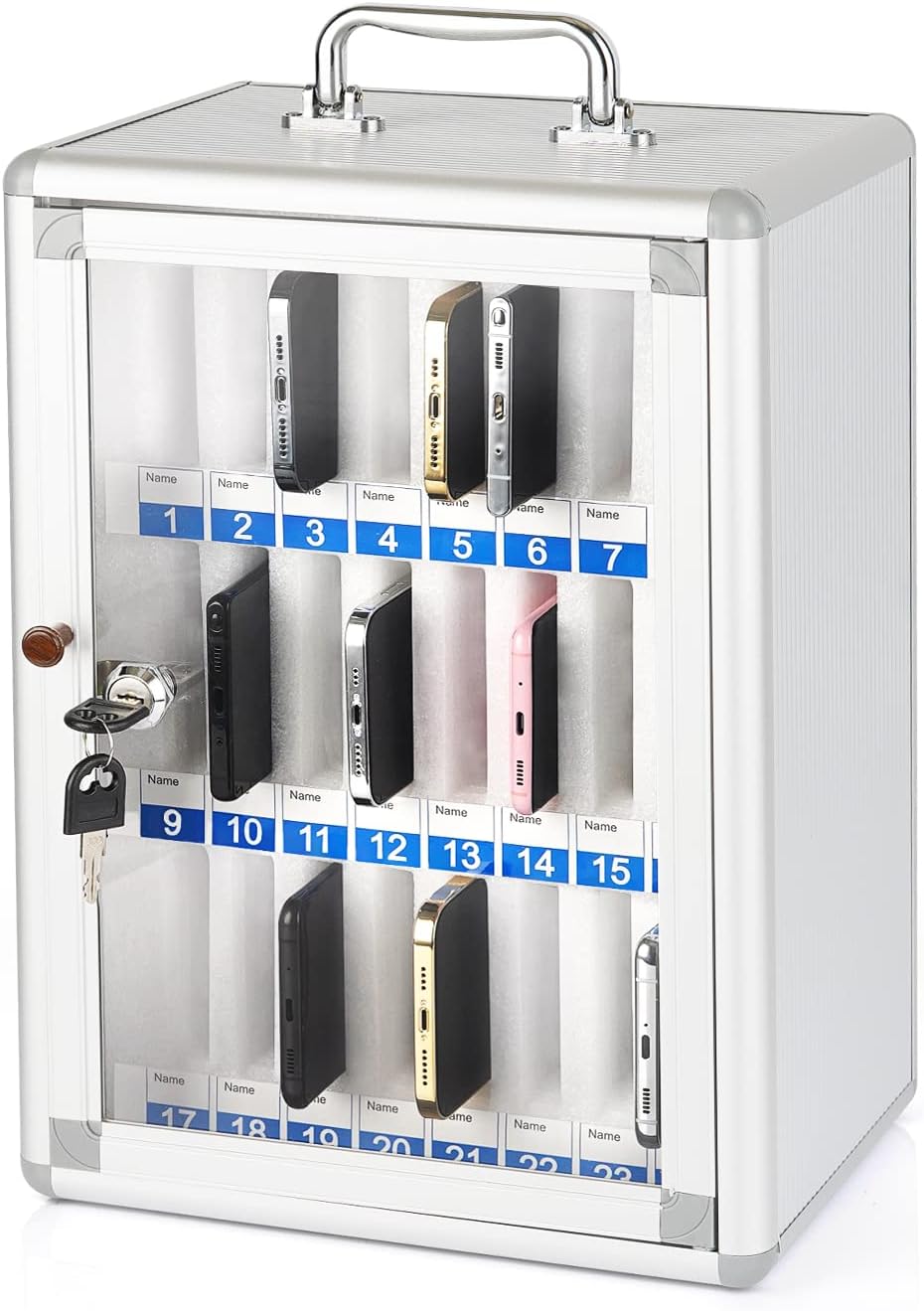 24 slots aluminum alloy cell phone locker, phone shown in use