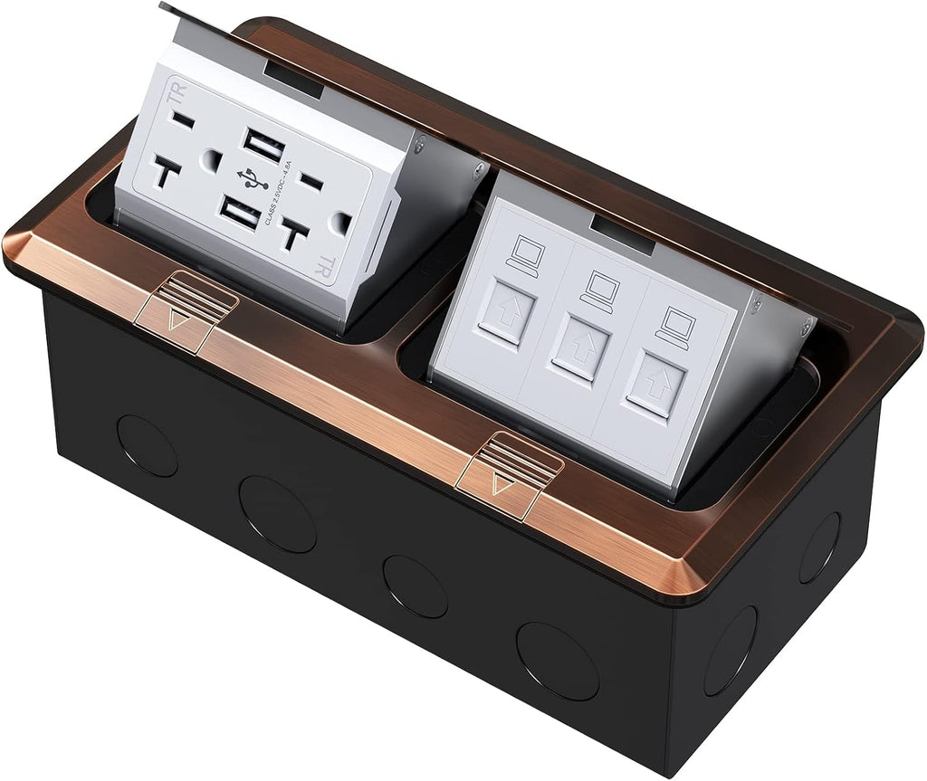 KYHSHJ Dual Pop-Up Floor Electrical Outlet Box Kit，20 Amp Stainless Steel USB