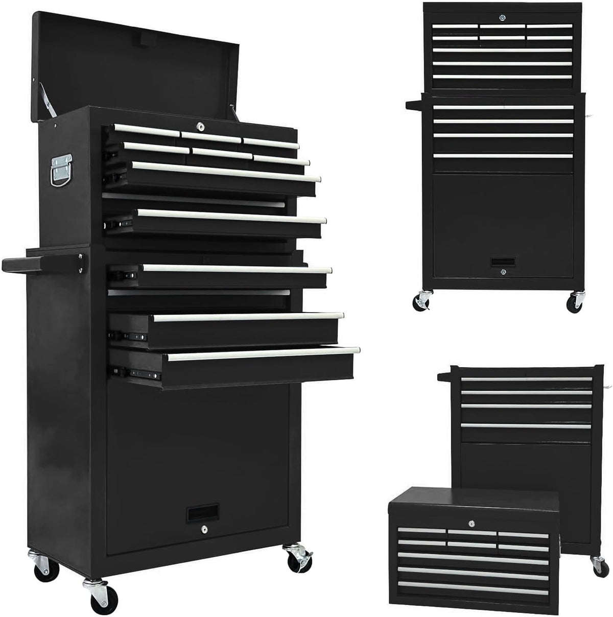 13-Drawer Rolling Tool Chest,Large Toolbox with Wheels, Tool Cabinets with Drawers, Top Detachable Tool Box with Hooks Handles for Workshop Mechanical Garage - Black
