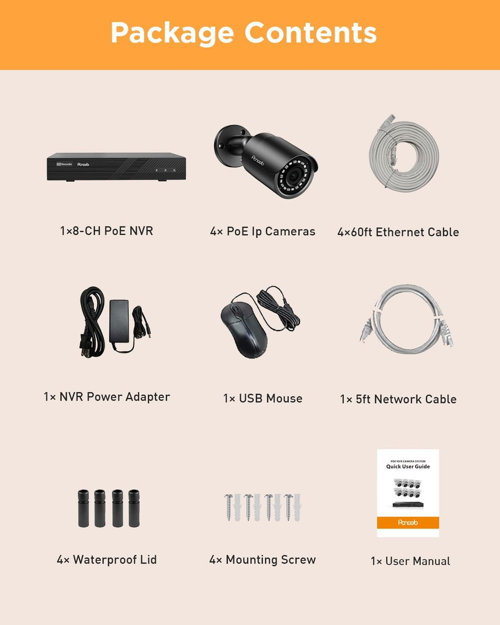 4 camera security system 8 channel poe with, front angle view